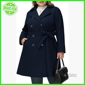 Plus Size Wool Pea Coat Double Breasted Belted Winter Outerwear